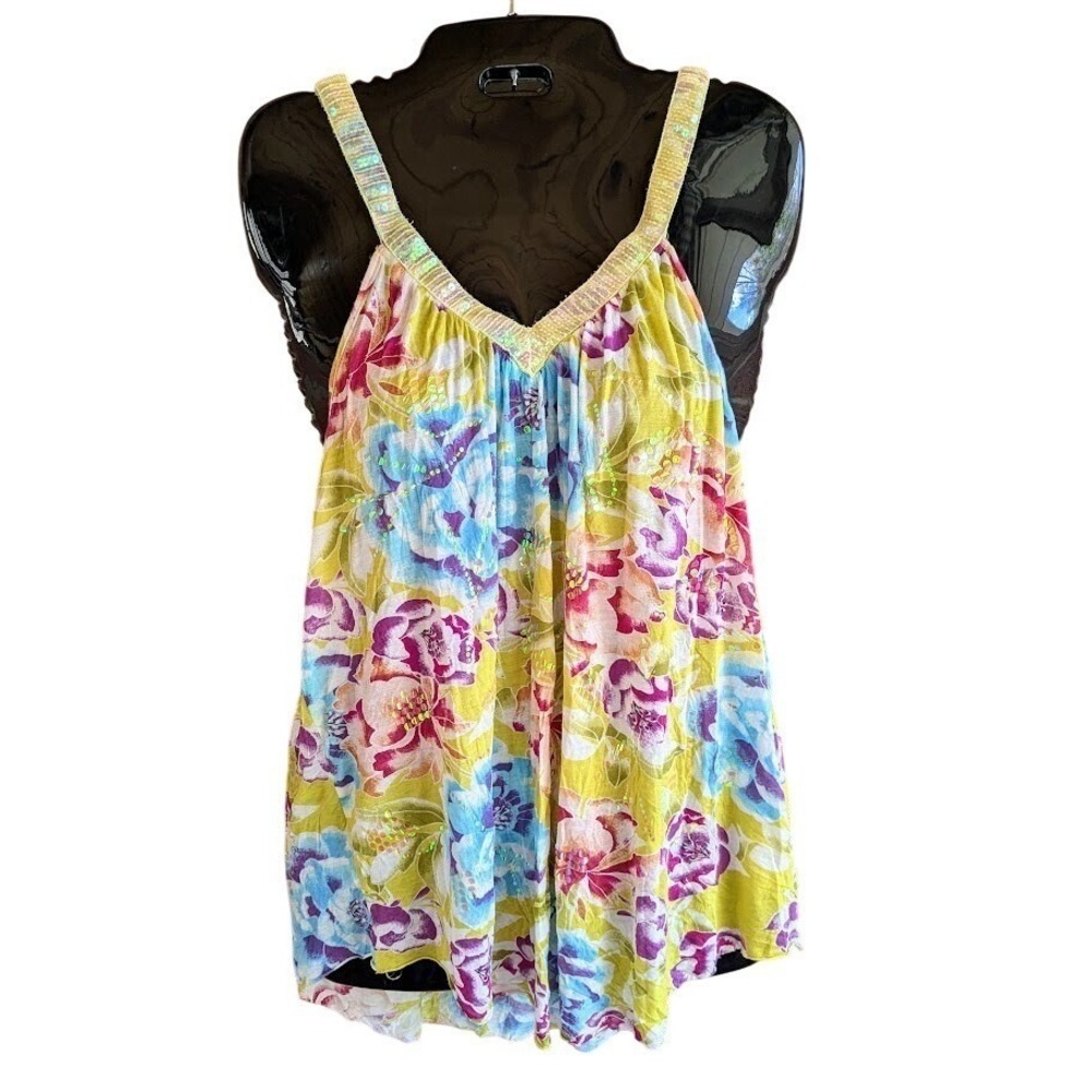 Free People Women's Tank Top M Sequin Bling Floral Flowing Resort Beach Festival